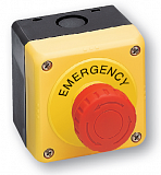 IDEC YW1B-V4E02R+box /štítek HWAV-27 červené tlačítko+2xNC kontakt+žlutá krabička+popis 